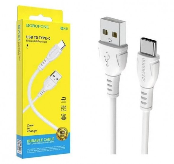 Кабель зарядки Borofone BX51 Triumph Type-C, 1м, 3A, PVC (белый)