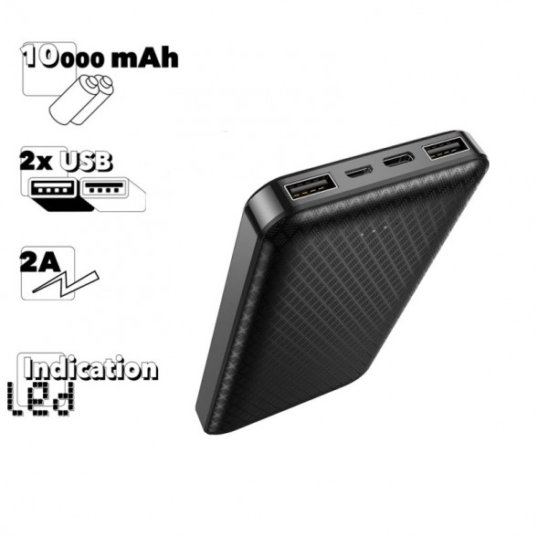 Внешний аккумулятор Borofone BJ3 Minimalist 10000mAh, 2хUSB, 2A, LED (черный)