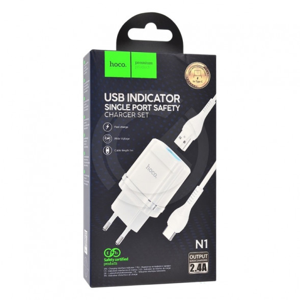 СЗУ HOCO N1 (1-USB/2.4A) + Type-C кабель (1м) (белый)