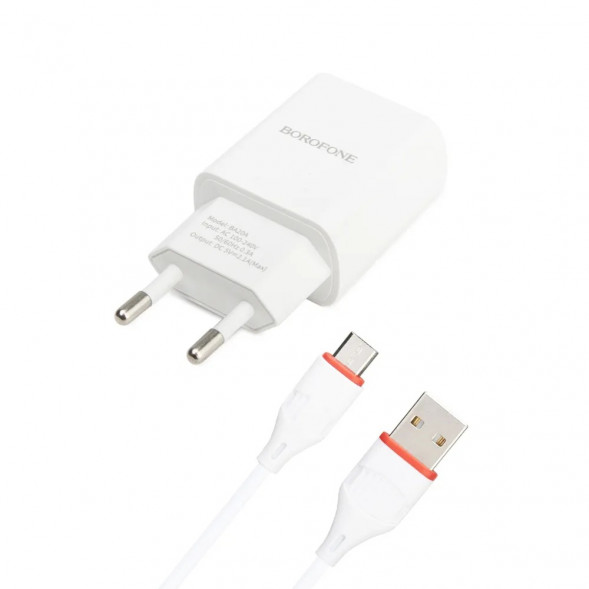 Зарядное Borofone BA20A Sharp 1xUSB, 2.1А + кабель MicroUSB 1м (белый)